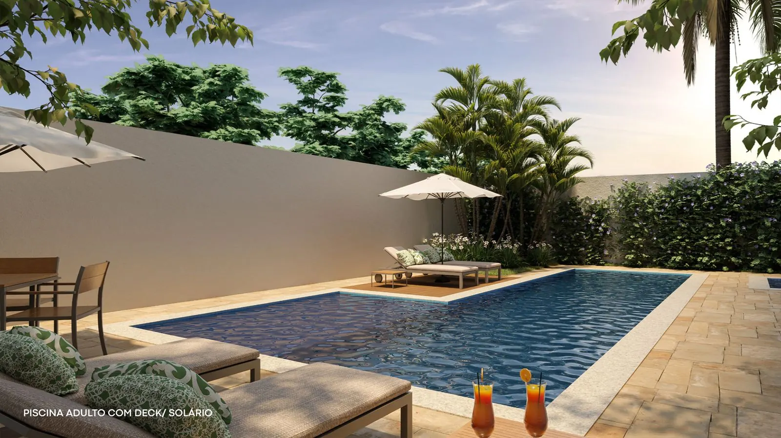 Piscina adulto com deck e solário