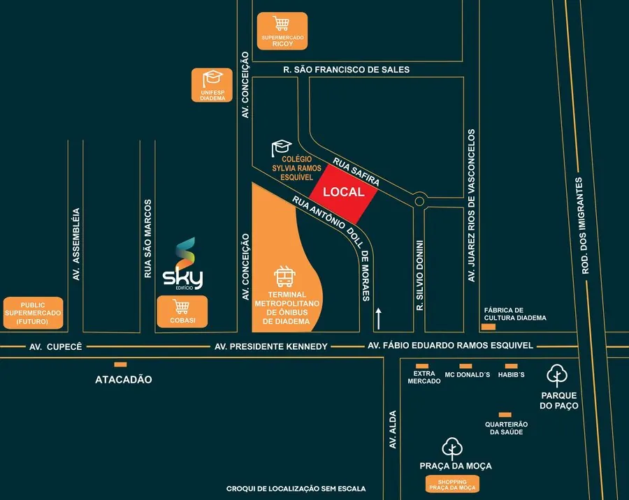 Mapa de localização do Edifício SPOT Diadema, no Centro de Diadema, a 40 metros do Terminal