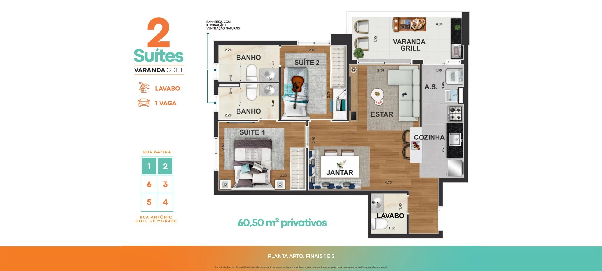 Apartamento de 2 suítes com lavabo e varanda grill, 60,50 m² privativos, finais 1 e 2