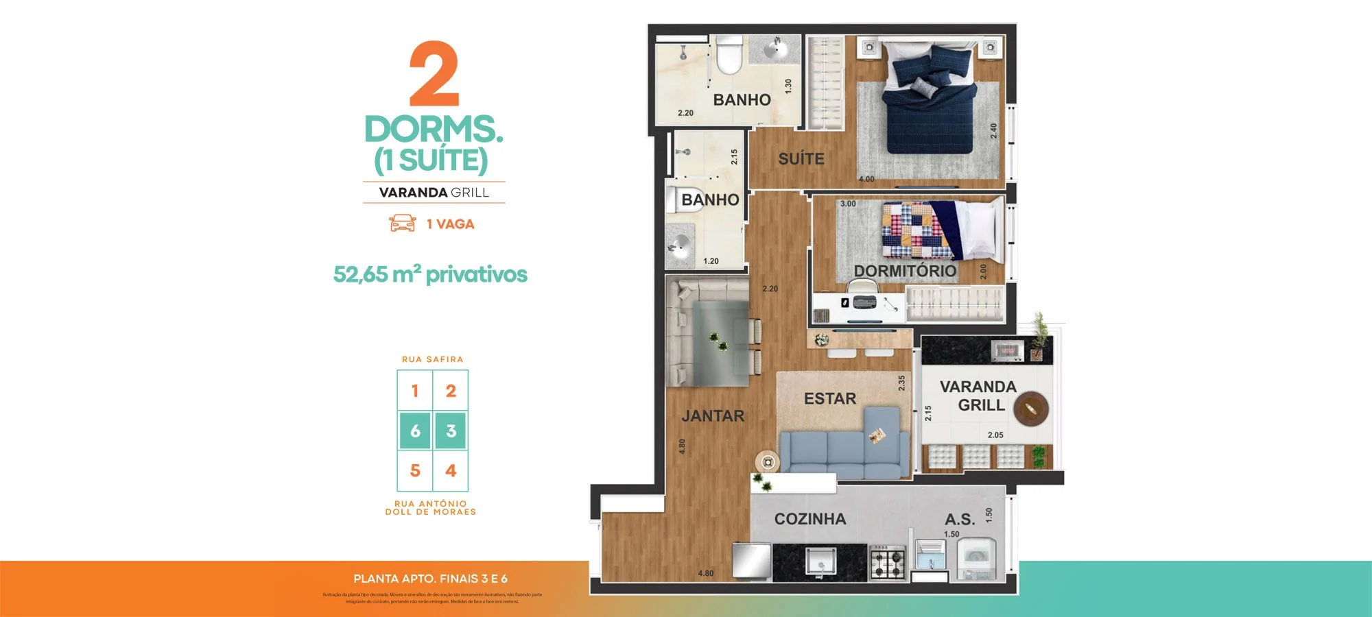 Apartamento de 2 dormitórios (1 suíte) com varanda grill, 52,65 m² privativos, finais 3 e 6